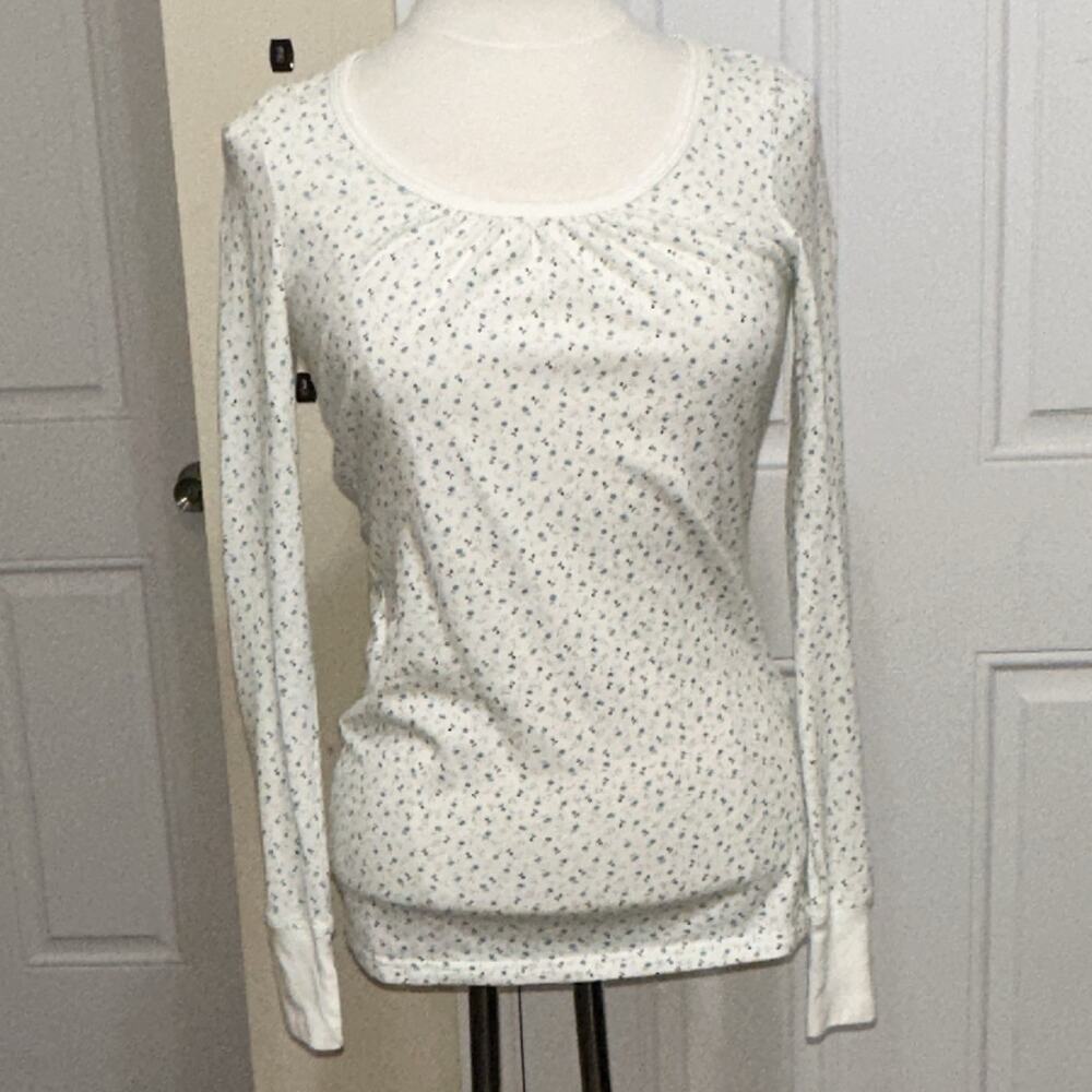 Aerie Women's M White Blue Green Floral Cotton Knit Scoop Neck Ruffle Top